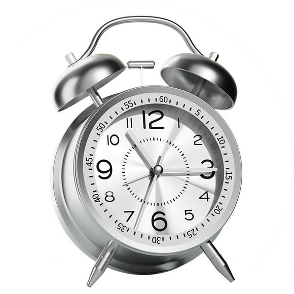 Reloj despertador plateado metalizado con campanas gemelas que no hacen tictac y silencioso