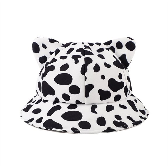 OOOUM Cute Ear Cow Print Bucket Hat For Adults Fashionable Casual Fisherman Hat Outdoor Summer Travel Daily Sun Hat 1-White