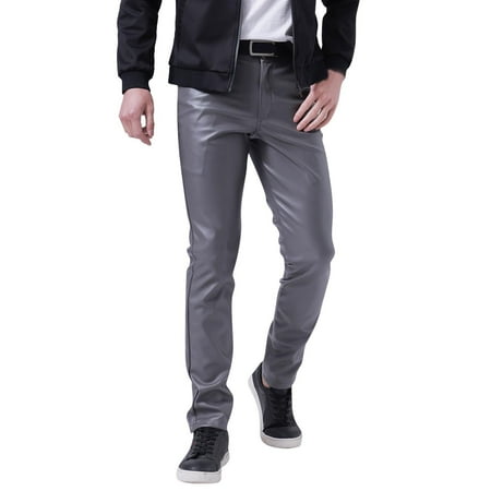 Mens Slim Fitting Leather Pants Leggings Color Elastic Trend Motorcycle Leather Pants