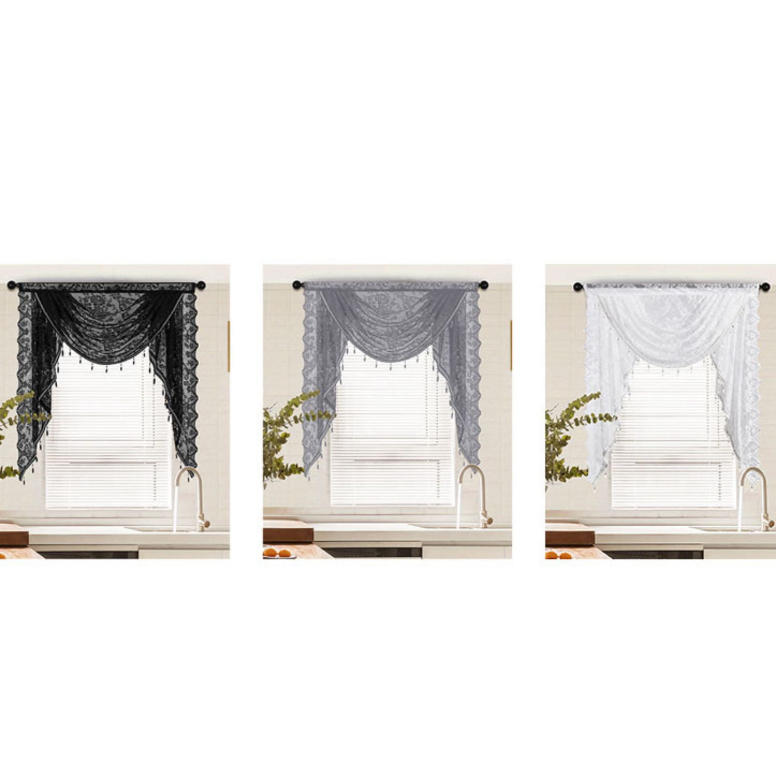 Sheer Lace Waterfall Window Valance with Bead Tassels Floral Embroidered Valance Curtains Semi Sheer Rod Pocket Valance/Swags for Bedroom/Living Room/Kitchen/Basement