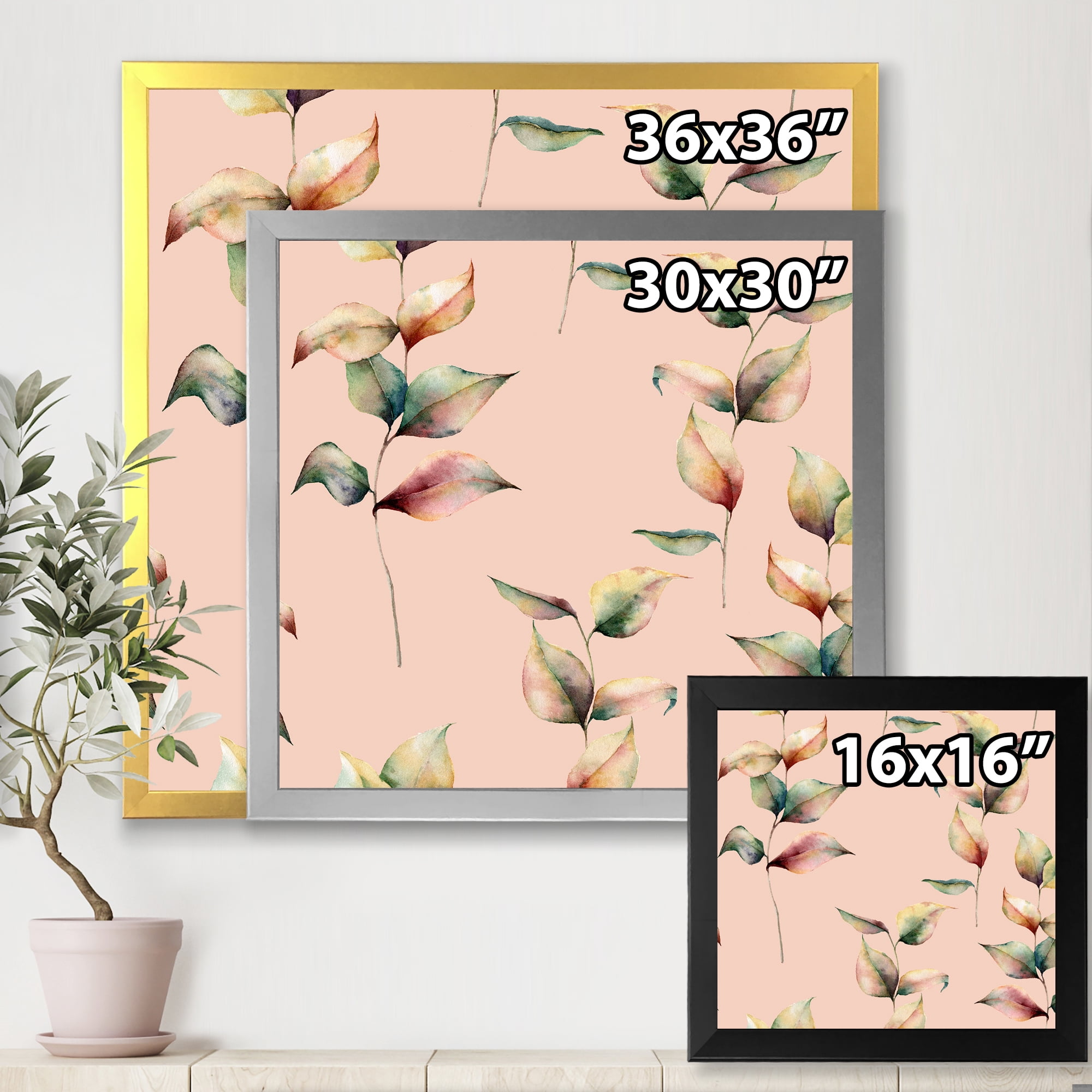 Designart 'Autumn Pink Leaves with Branch On Pastel Colors' Traditional Framed Art Print
