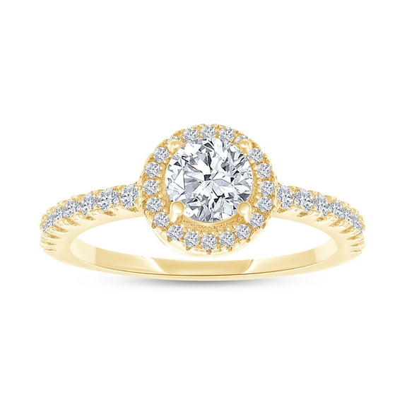 18K Yellow Gold Plated Halo Ring | Center 5MM Moissanite Diamond Ring for Women | Round Engagement Promise Rings for Her (0.70 Ctw) Ring Size-7