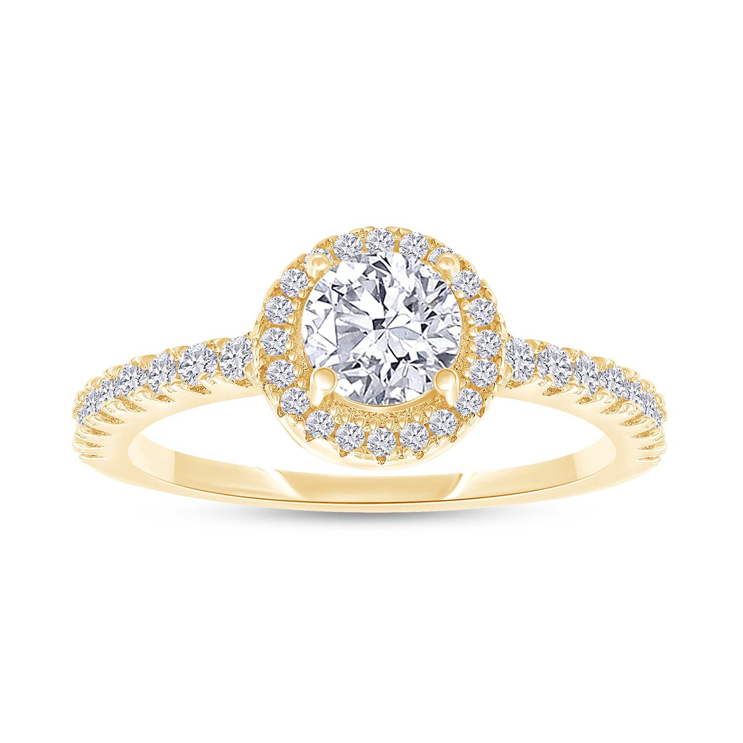 18K Yellow Gold Plated Halo Ring | Center 5MM Moissanite Diamond Ring for Women | Round Engagement Promise Rings for Her (0.70 Ctw) Ring Size-6