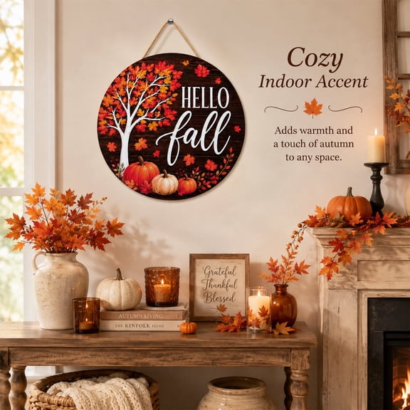 Hello Fall Wooden Door Hanging Sign, Rustic Autumn Maple Leaf Pumpkin Welcome Wreath Sign, Round Farmhouse Front Door Wall Decor for Harvest Thanksgiving Home Porch Decorations