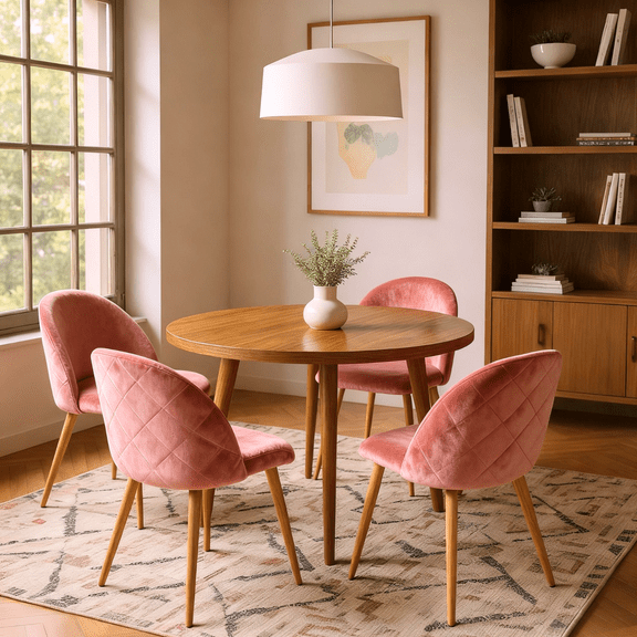 Homy Casa Pink Velvet Dining Chairs Set of 4, Upholstered Accent Chairs with Wood-Look Metal Legs