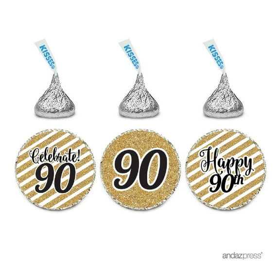 Milestone Chocolate Drop Labels Trio, Fits Hershey's Kisses Party Favors, 90th Birthday, 216-Pack, Not Real Glitter