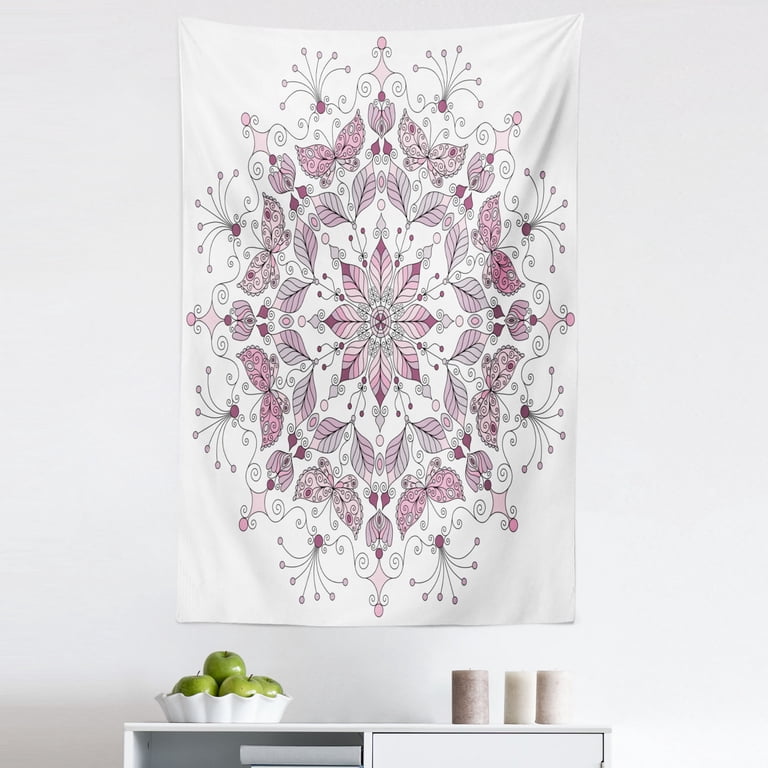 Purple Mandala Tapestry, Lacy Pastel Floral with Butterfly and - Main Image