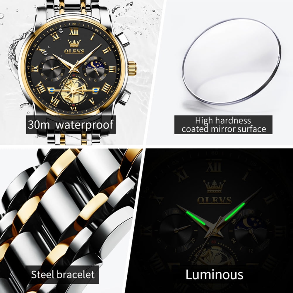 OLEVS Mens Watches Chronograph Business Dress Quartz Stainless Steel Waterproof Luminous Date Wrist Watch For Men Black Dial