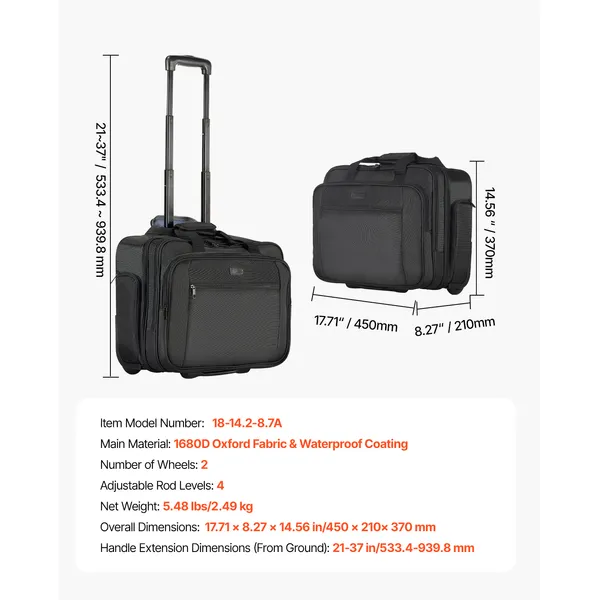 17.3 Inch Wheeled Laptop Carrying Bag, Unisex Rolling Briefcase with Retractable Handle, Business Travel Computer Suitcase for Work and Office, (Black)
