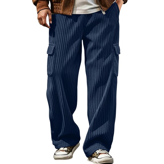 sdhkgrrt Men Plus Size Corduroy Cargo Pants Loose Fit Ribbed Casual Solid Long Track Trousers Outdoor Athletic Breathable Hiking Pants, Navy 2XL