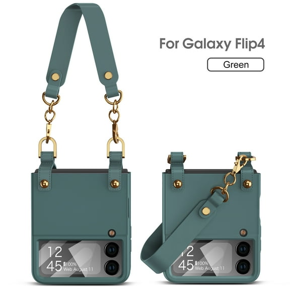 for Galaxy Z Flip 4 Case, Cute Z Flip 4 Case for Women PC Hard Anti-Fall Shockproof Hinge Protective Cover with Strap Wrist Handbag Design For Samsung Galaxy Z Flip4, Green