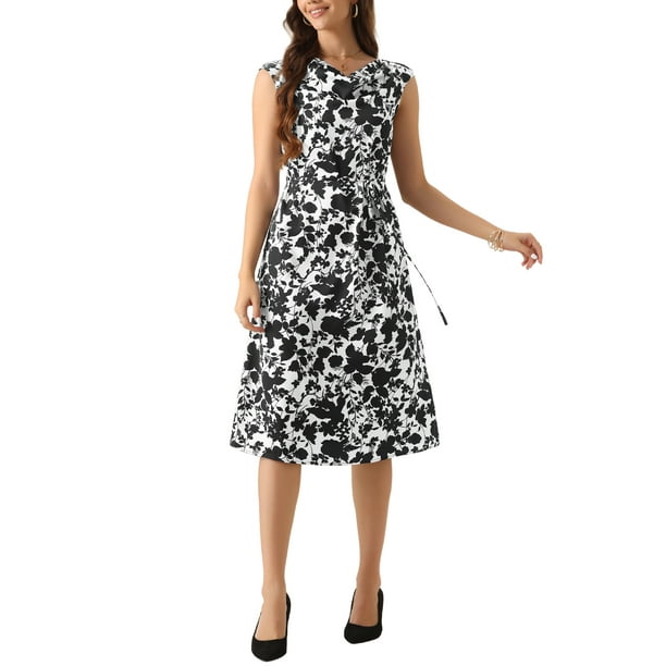 Inspire Chic Conjunto Vestido Midi Elegante Floral con Cuello Cowl y Mangas Cortas para Mujer XS Blanco Negro