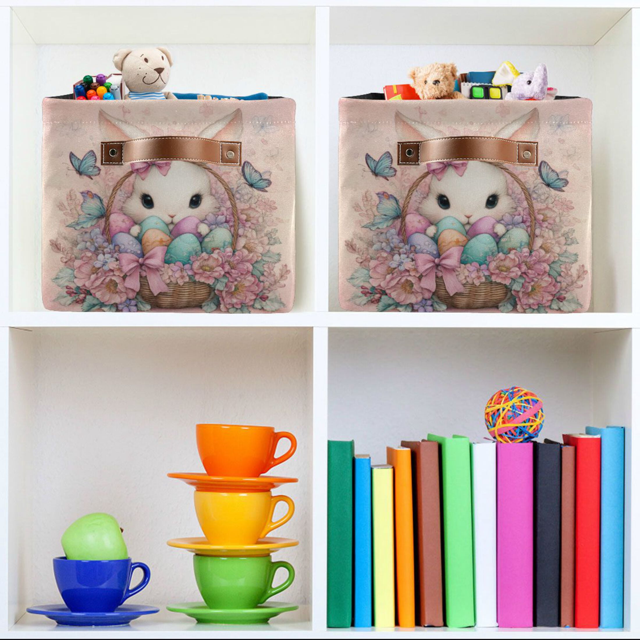 Wobogo Adorable Easter Bunny Square Storage Basket Set of 2 with Waterproof Canvas and PE Lining Durable PU Leather Handles 14.2×10.2×8.3in