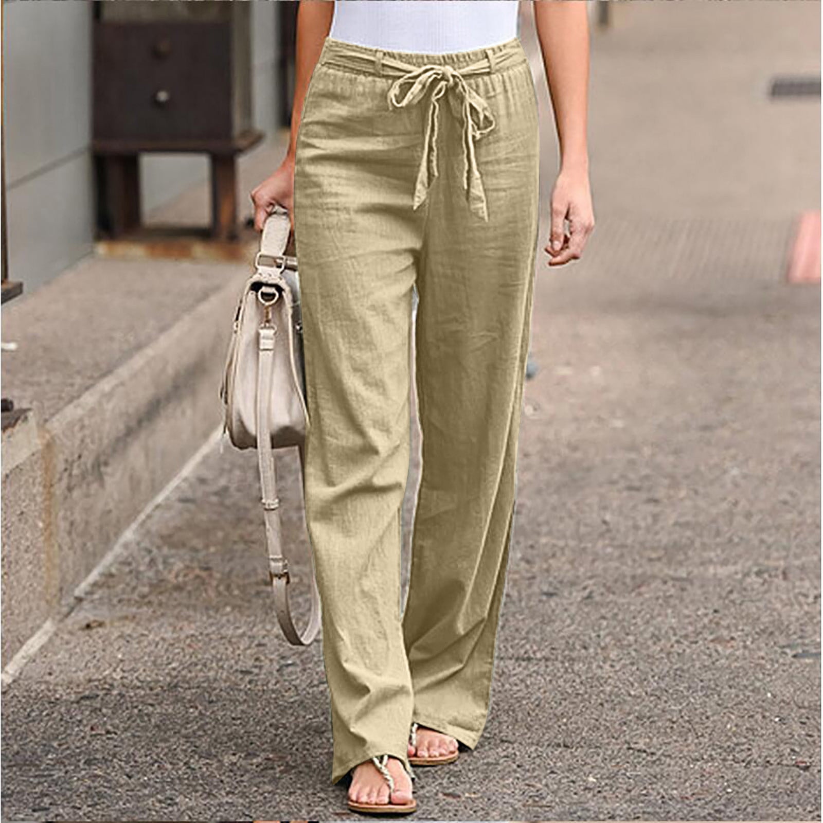 Womens Ladies Linen Trousers Plus Size Summer Pants Casual Holiday Beach  Chinos
