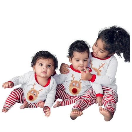 

Toddler Baby Boys and Girls Christmas Long Sleeve Sleepwear Outfits Cute Cartoon Elk Print Round Neck T-shirt Stripe Trousers Pajamas Children s Casual Loose Home Wear