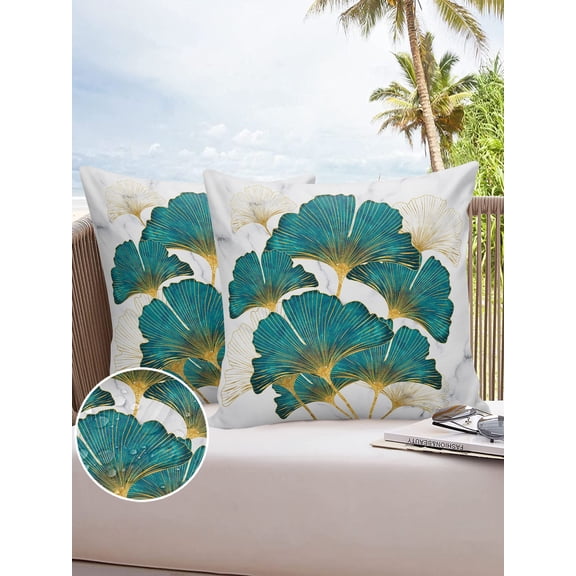 Gold Line Ginkgo Biloba Leaves Outdoor Pillow Covers Waterproof Throw Pillow Cover 18x18in Set of 2,Square Decorative Pillowcases Cushion Case for Patio Sofa Couch,Modern Abstract Wild Marble