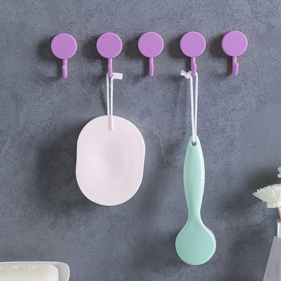 QISIWOLE Adhesive Hanging Hooks Wall Hook Pack of 5, Heavy Duty No Drill 3Ibs Self Stick for Plants Door Lights Towel Shower Bathroom Key Small Bag Pictures Decorative Hanger 5PC Purple