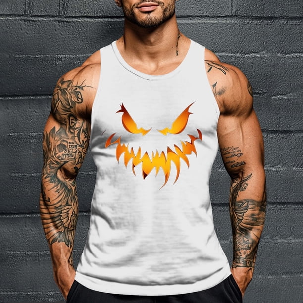 Camiseta sin mangas de cuello redondo para hombre, con estampado de Halloween, cuello redondo, estilo informal, deportiva, para hombre