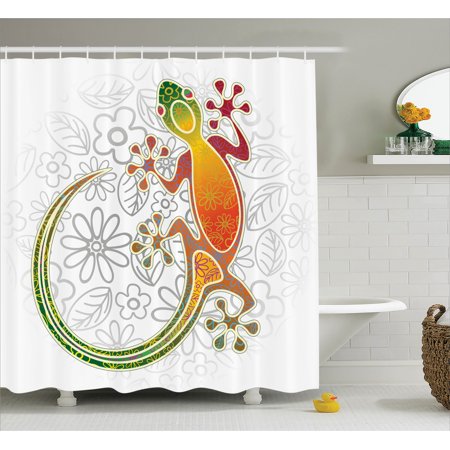 - Batik Shower Curtain, Native Southeast Asian Common House Gecko Moon Lizard Tropical Monster Graphic Design, Fabric Bathroom Set with Hooks, Multicolor, by Ambesonne