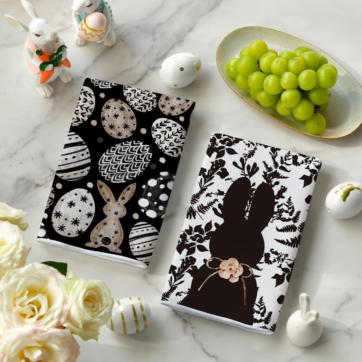 2 Piece 18x26 Inch Black Bunny Egg Kitchen Dish Towel Super Absorbent