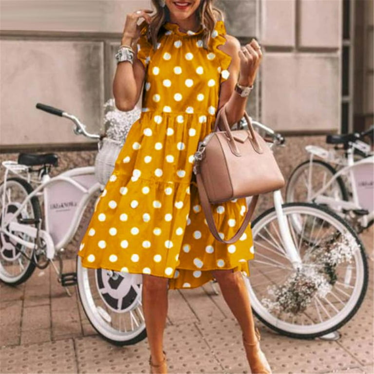 IROINNID Round Neckline Dress For Women Sleeveless Dot Mini Casual Mock  Neck Summer Holiday Shift Dress Knee-Length Prints A-Line Dress -  Walmart.com