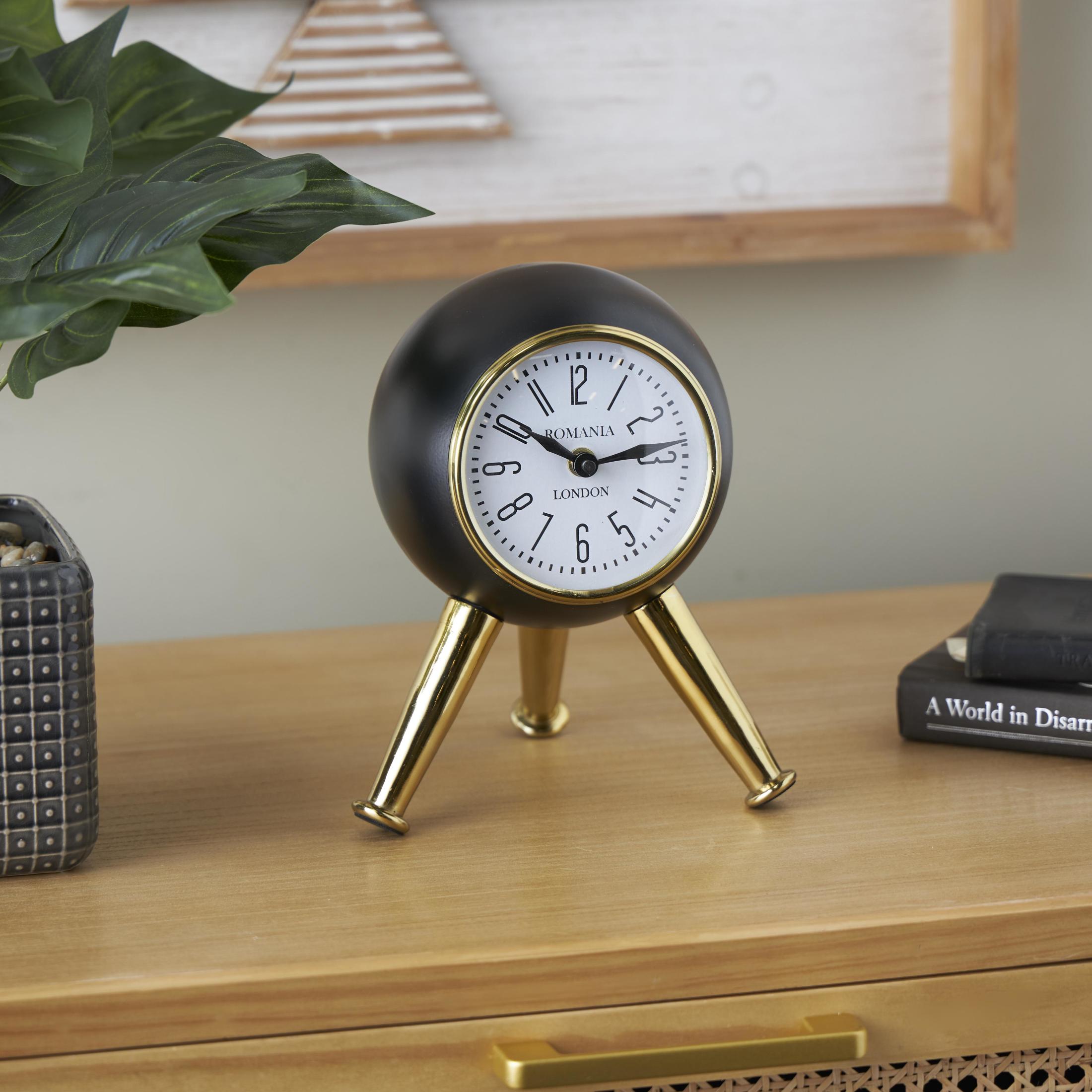 DecMode 9" Black Aluminum Metal Orb Clock with White Clockface and Gold Tripod Legs