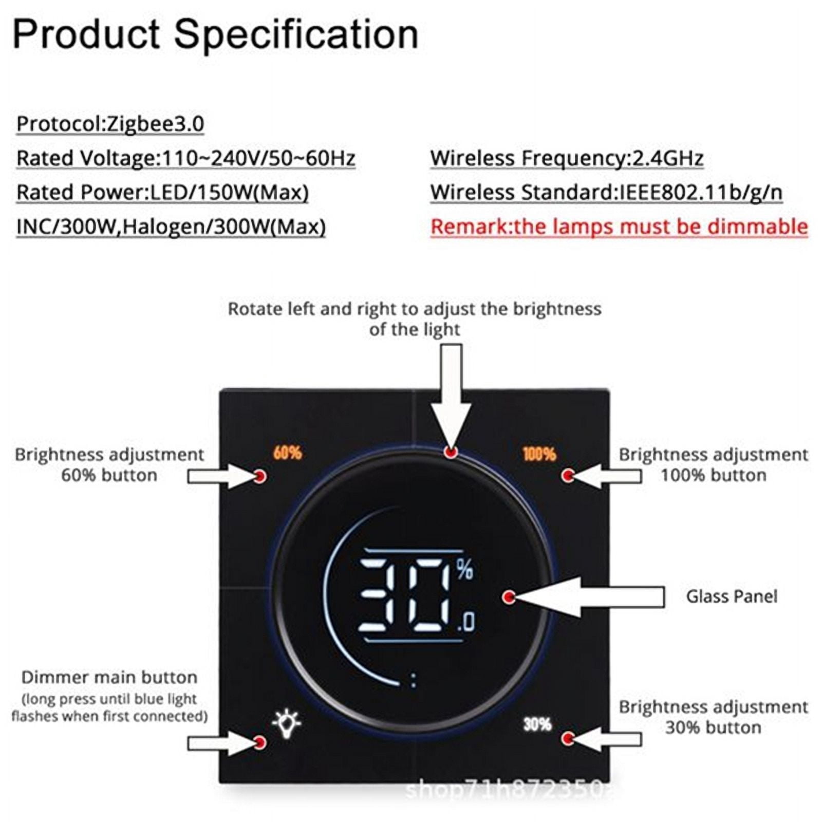 Infinite Knob MOSFET Dimmer Regulator Zigbee 3.0 PC Panel Wall Light Switch Digital LCD Trailing Edge Dimming White