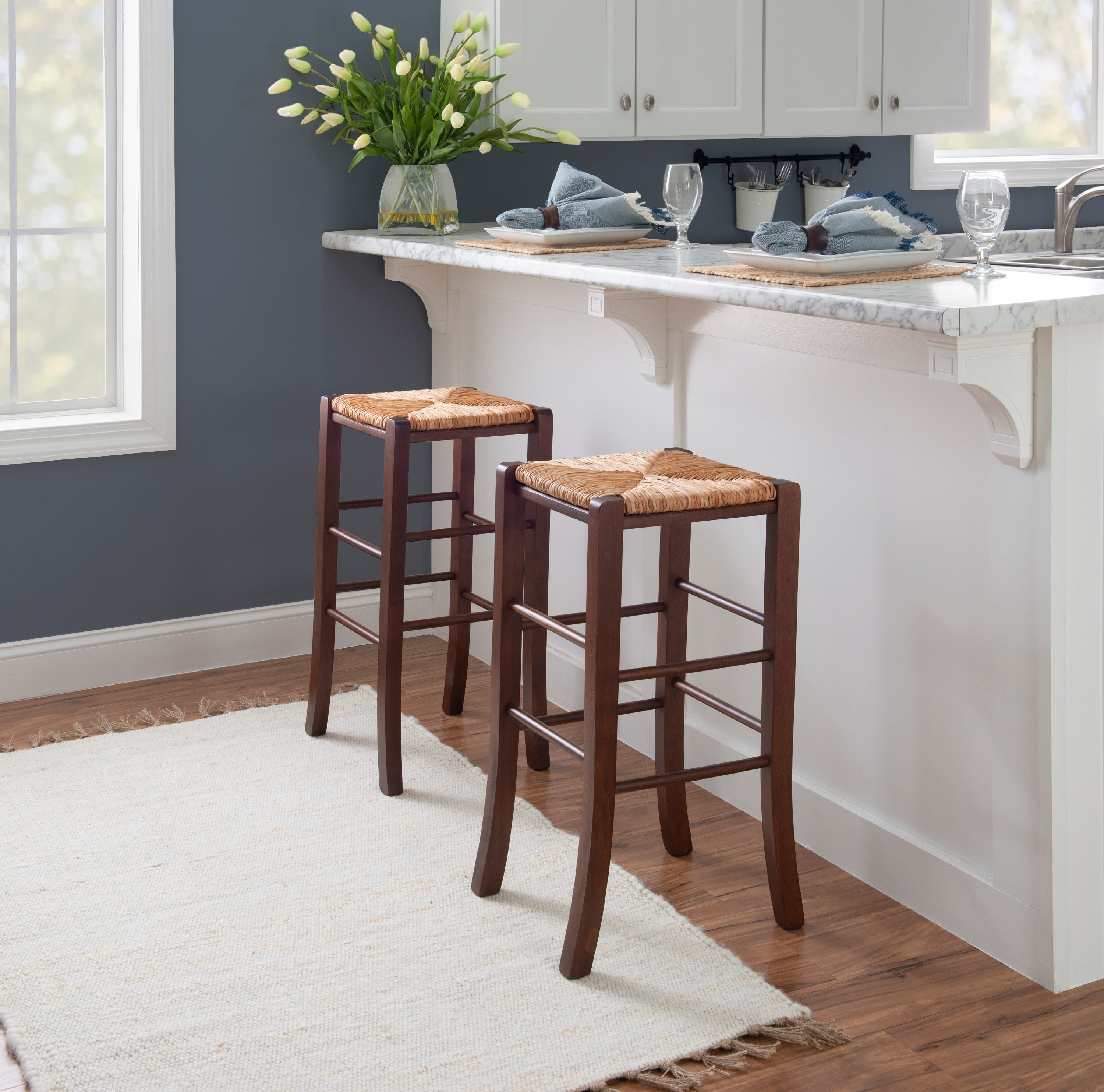 Linon Ivica 29.15" Backless Bar Stools, Set of 2, Dark Walnut with Handwoven Rush Seat