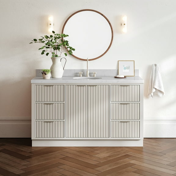 ARIEL Milan 60 Inch Single Oval Sink Bathroom Vanity with Carrara White Quartz Countertop 1.5 Inch in Warm White