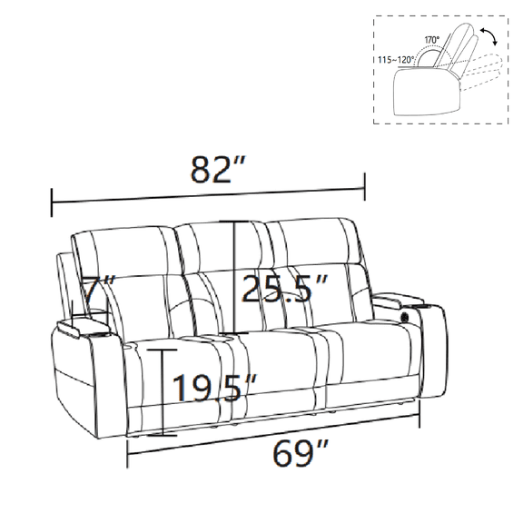 MAYEERTY 3-Seater Recliner Sofa, Breathing Leather with Reversible Coffee Table for Family Home Theaters, Living Room