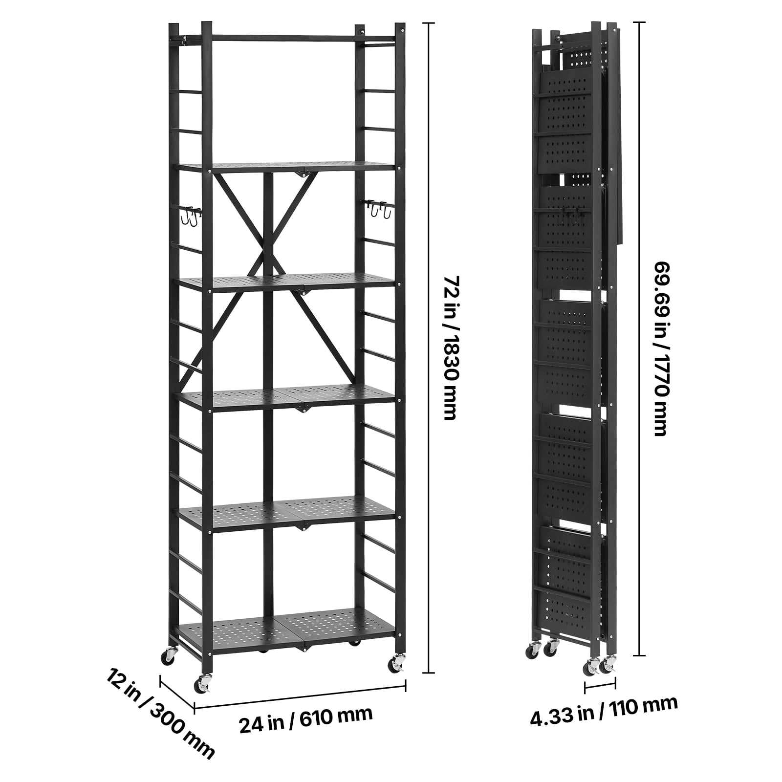VEVOR 6-Tier Foldable Storage Shelf, 24W x 12D x 72H Inch Folding Metal Rack Shelving Unit, No Assembly Organizer Shelf with 5 Wheels & 4 Hooks for Pantry, Kitchen, Garage, Basement, Black