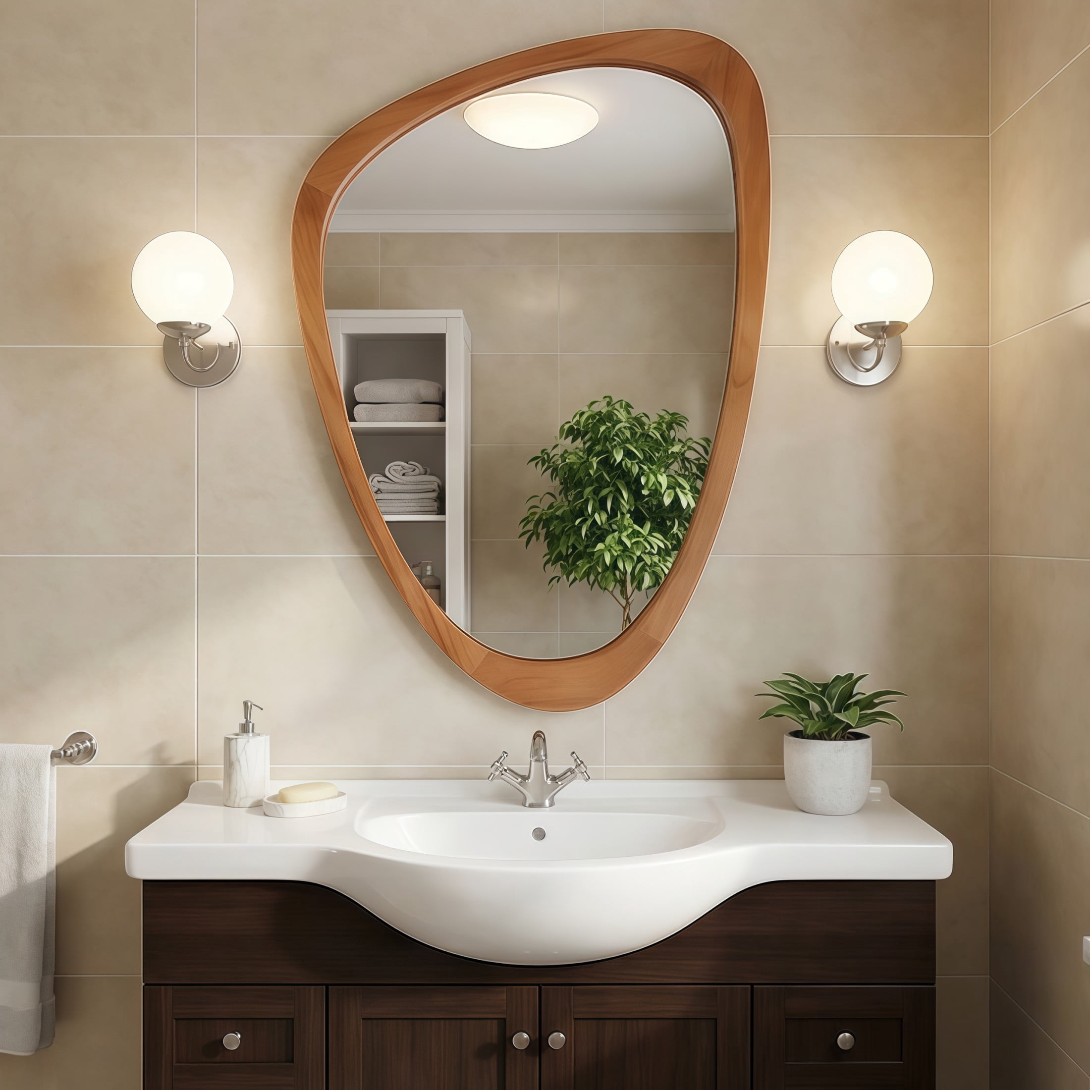 Noble House 24"x36" Irregular Solid Wood Wall Mirror, Modern Asymmetric Decorative Accent Bathroom Mirror, Yellowish Brown