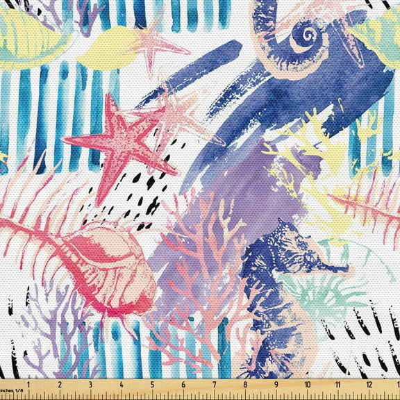 Ambesonne Nautical Themed Fabric by the Yard Upholstery, Modern Seahorse Art, 5 Yards, Dark Lavender Dark Coral