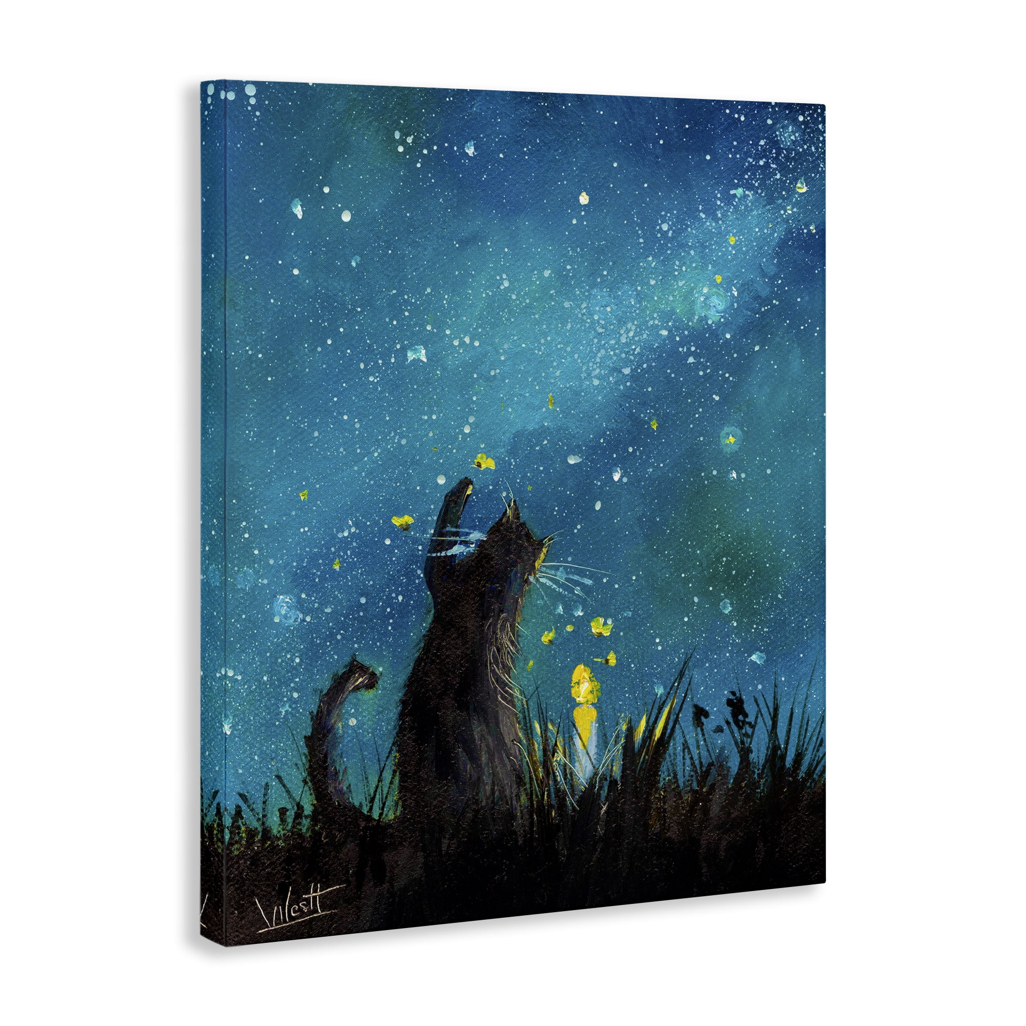 Stupell Industries Cat Playing Under Stars Astrology & Stars Painting Wrapped Canvas Art Print Wall Art, 16 x 20