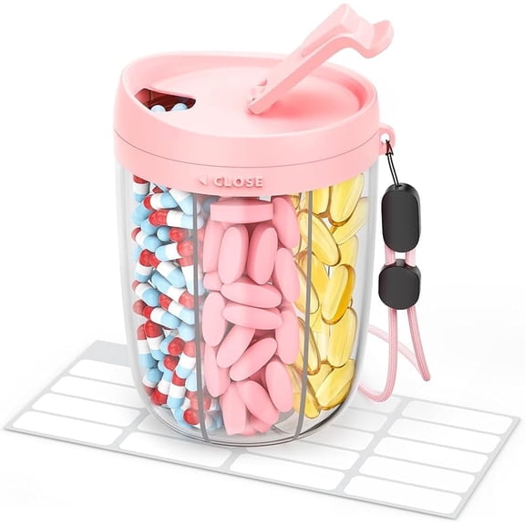 WZW Large Pill Dispenser with 6 Compartments, Anti-Mix Pill Bottle Organizer with Wide Opening & Easy Retrieval, Vitamin Organizer for Travel, BPA-Free Pill Box with a Strap, Pink