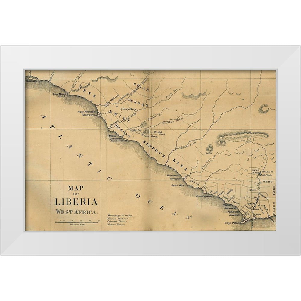 Vintage Maps 18x13 White Modern Wood Framed Museum Art Print Titled - American Colinization Map of Liberia