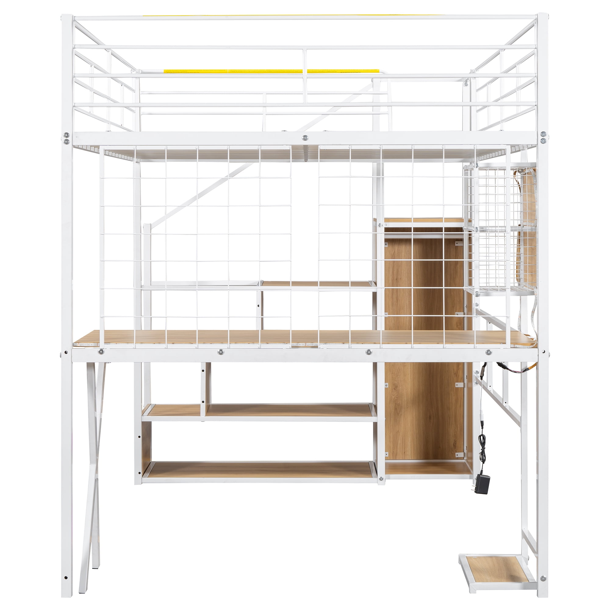 MAYEERTY Full Size White Metal Loft Bed - Built-in Work Station, Wardrobe, Storage Staircase & LED
