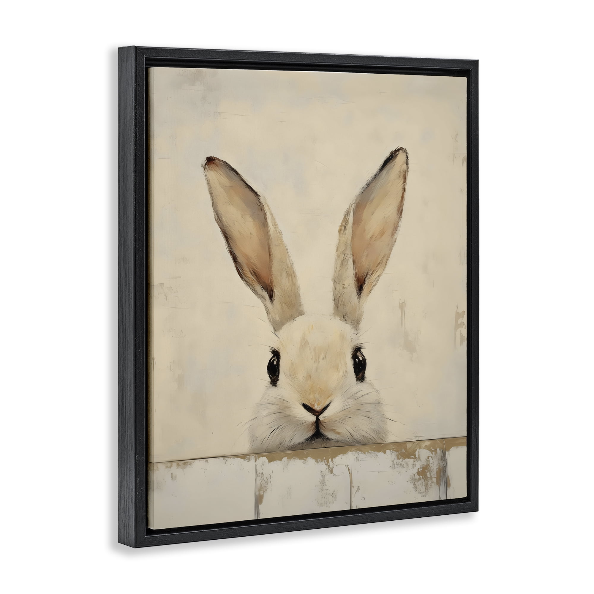 Stupell Industries Peeking Bunny in Soft Neutrals Black Framed Floater Canvas Wall Art, design by LSR Design Studio
