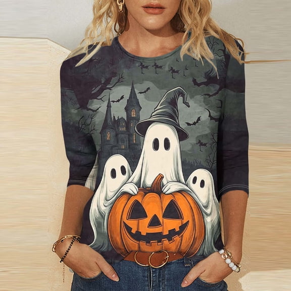 thefmos Women's Halloween Print Pullover Top Casual Round Neck 3/4 Sleeve Festive Blouse Fashion Spooky Season Fall Outfit, Multicolor 4XL