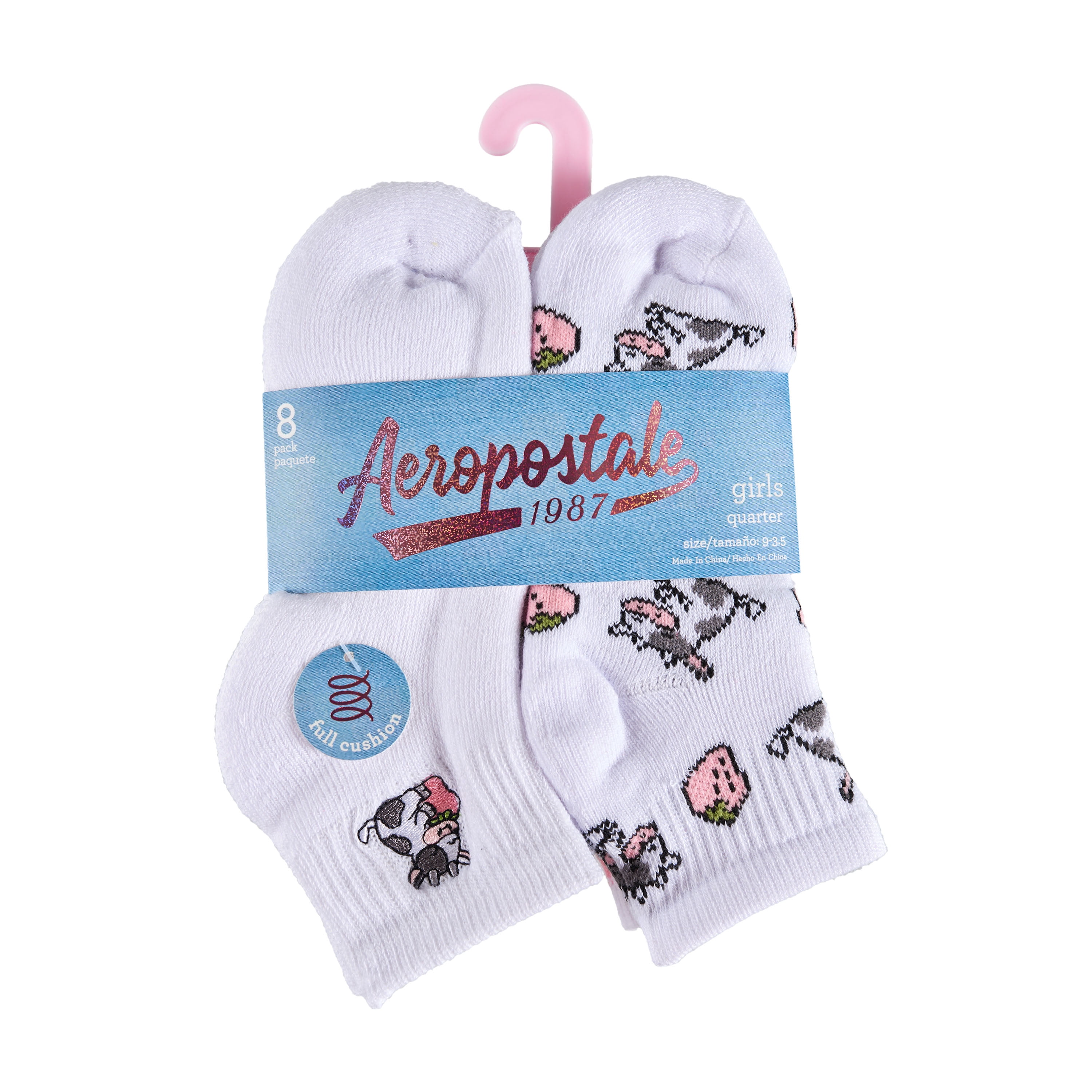 Aeropostale Girls Full Cushion Quarter Kids Socks (8-Pack) – Cow Embroidery