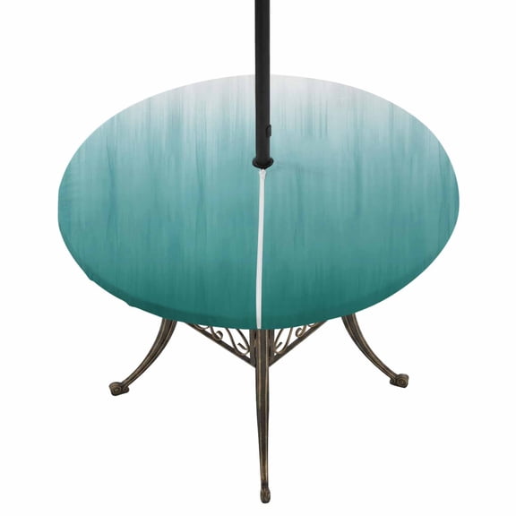Round Outdoor Tablecloth with Umbrella Hole and Zipper, Teal Green Ombre Tablecloth with Elastic Waterproof, Contemporary Gradient Abstract Art Patio Table Covers for 55" - 60" Picnic Pool Tables