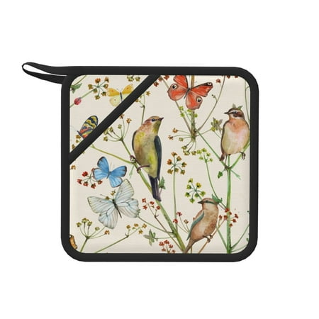 

1 Pc Silicone Anti-Hot Hot Pads Oven Mitts Heat Resistant Pot Holders With Pockets Non Slip Oven Glove Potholder For Kitchen Cooking Bbq Baking 7.1in Vintage Bird Safari Butterflies