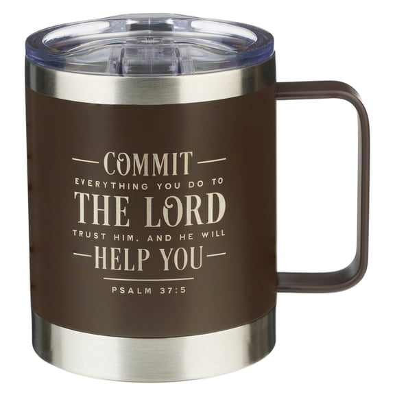 Christian Art Gifts Stainless Steel Double Wall Vacuum Insulated Camp Style Travel Mug W/Handle for Men & Women: Commit , (Hardcover)