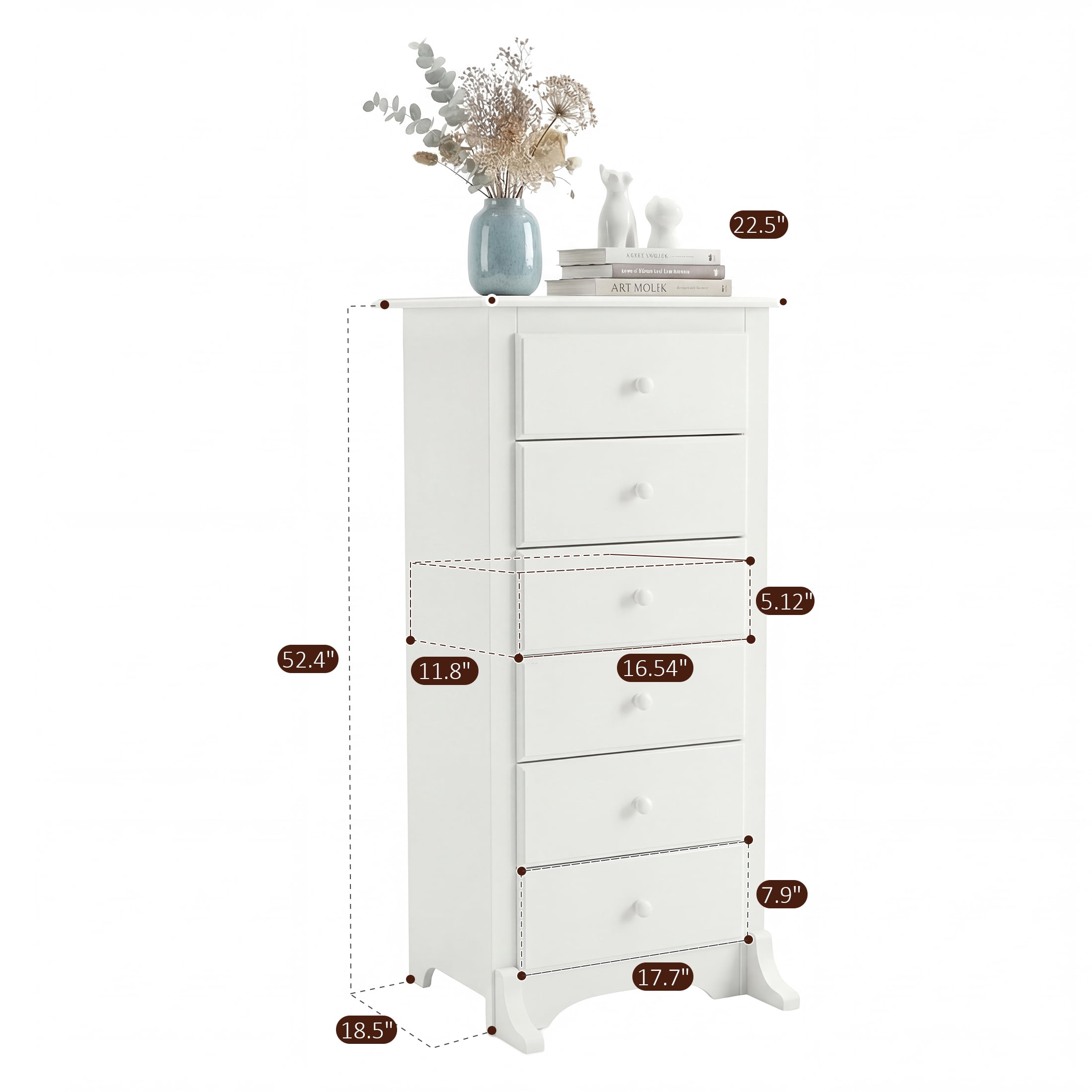 EDX 6 Drawer Wooden Dresser Chest for Bedroom, 19" x 23.25" x 52.75", Storage Cabinet for Living Room Closet, White