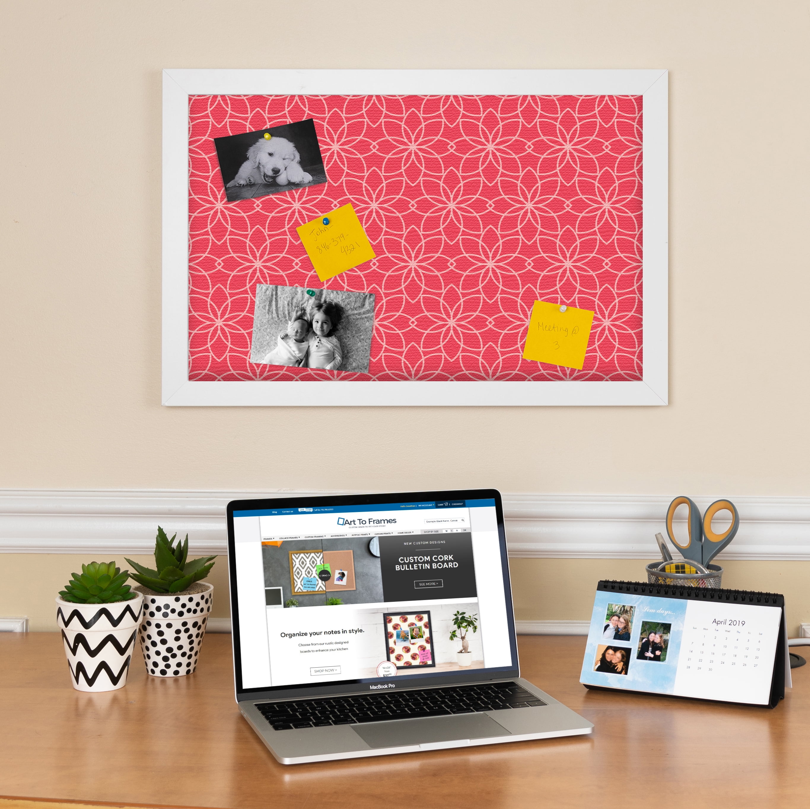 PinPix ArtToFrames 22x34 Custom Cork Bulletin Board Floral Pink   Poster Board Has a Fabric Style Canvas Finish, Framed in Satin White Frame (PinPix-549)