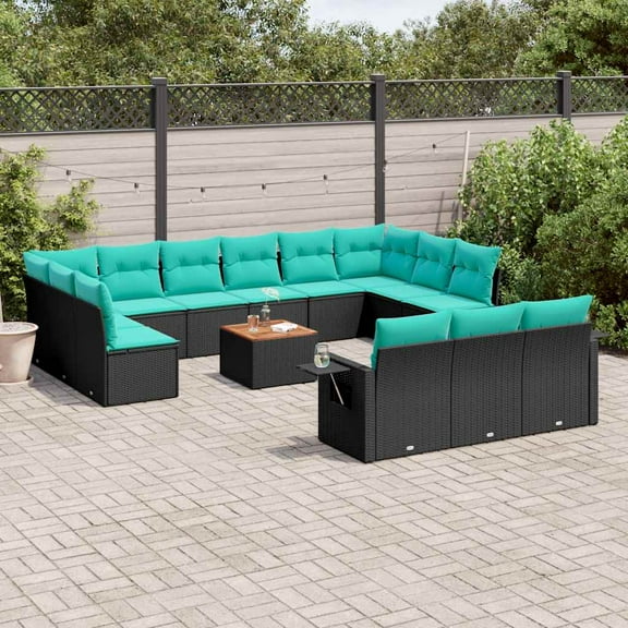 vidaXL 14 Piece Patio Sofa Set with Cushions Black Poly Rattan