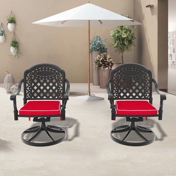 Cast Aluminum Patio Swivel Chair 2PCS With Black Frame and Red Cushions
