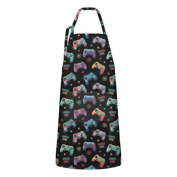 Colorful Controllers Games Icons Black Apron-Garden Aprons for Women with Pockets-Cotton Linen Waterproof Kitchen Cooking Gardening Aprons Adjustable for Kitchen,Cooking,BBQ and Salon 33x27 Inch