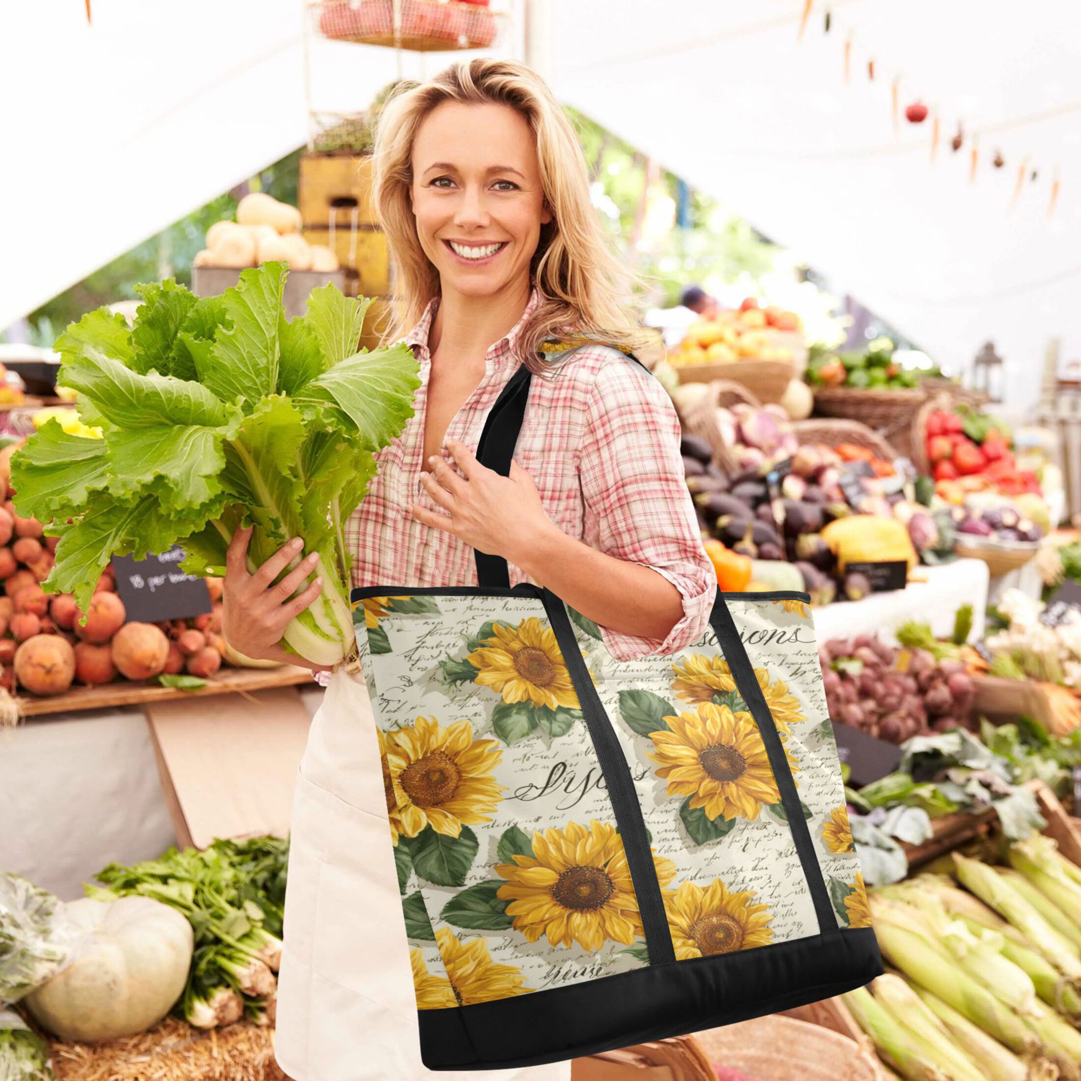 Extra-Large Wide Opening Design Capacity Hand-Held Ice Pack Thickened Insulation Layer For Long-Lasting Cold Retention For Outdoor Shopping Picnics And Camping Vintage Paper with Sunflowers