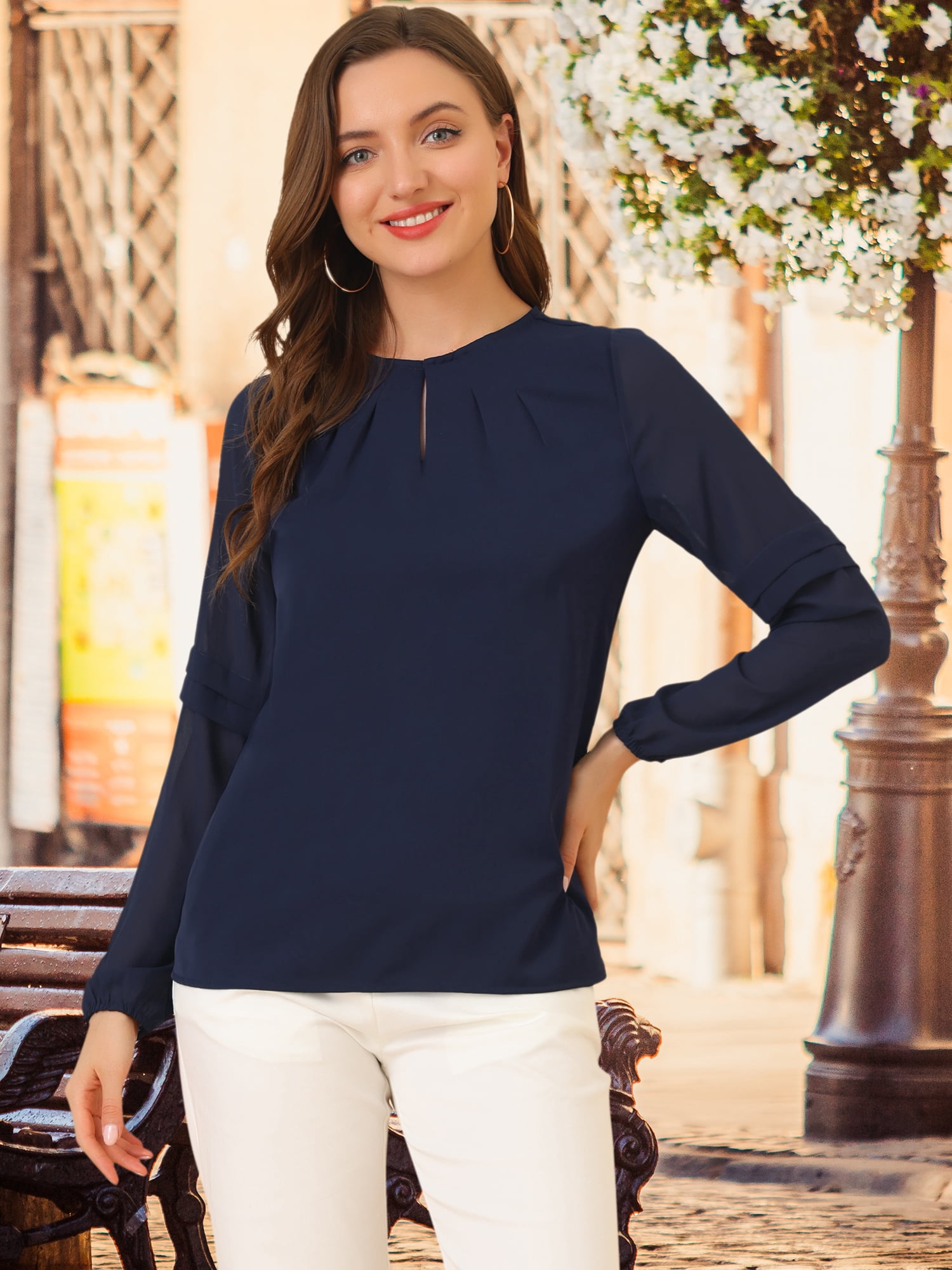 DARING DIVA Chiffon Semi Sheer Long Sleeves Keyhole Neck Blouse 2XL Dark Blue